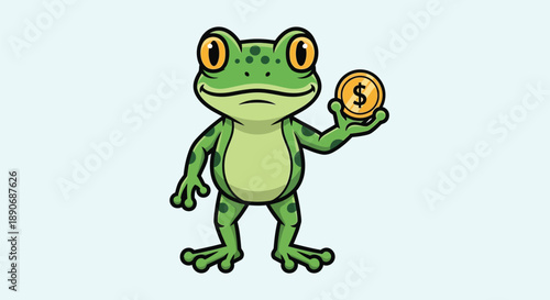 A cartoon green frog holds a coin with a dollar sign on a light blue background, standing with one hand down.