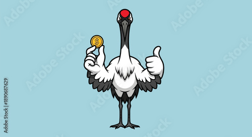 A cartoon crane with a red head holds a coin and gives a thumbs up against a light blue background.