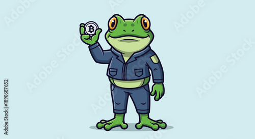 A cartoon frog wearing a blue jumpsuit holds a coin in its raised hand against a light blue background with a simple composition.