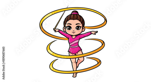 A cartoon girl in a pink gymnastics outfit spinning with a rhythmic gymnastics hoop on a white background.