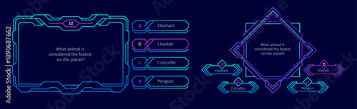 Neon futuristic game question quiz with glow interface frame, question box, answers and highlights. Vector ui template for video games, educational apps, streaming overlays and interactive trivia
