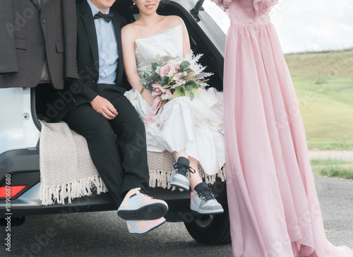 Photography Bride and groom/couple taking wedding photos in a car wedding/bridal car