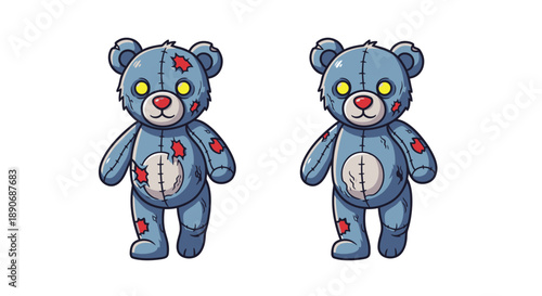 Two damaged blue teddy bears with red wounds and stitched bellies stand against a white background in a graphic illustration.