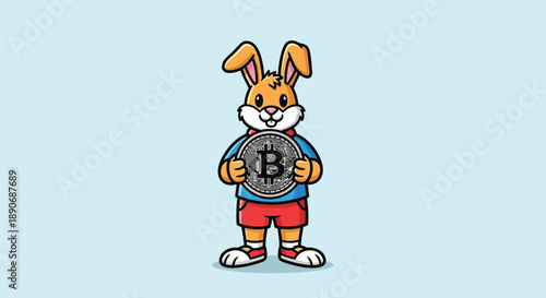A cartoon rabbit character holding a Bitcoin symbol on a light blue background with casual attire.