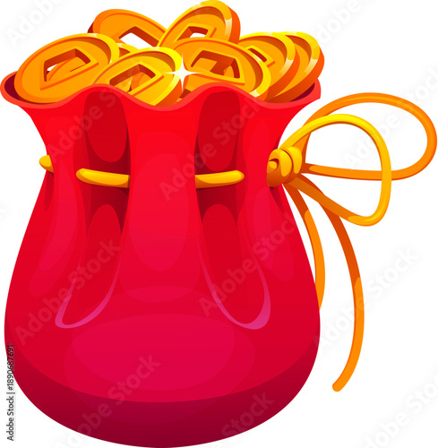 Chinese fortune pouch, lucky money bag filled with golden coins. Red festive wallet tied with cord, symbol of wealth and prosperity in Asian culture. Happy cartoon vector gift sack for Lunar New Year