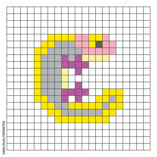 A flat pixel design made of geometric square color blocks on a clean grid layout. Pixel art salamander