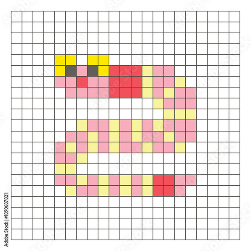 A flat pixel design made of geometric square color blocks on a clean grid layout. Pixel art worm
