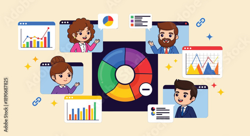 Flat lay of a colorful infographic with pie charts and bar graphs surrounded by cartoon business people on a beige background with a professional and analytical mood.