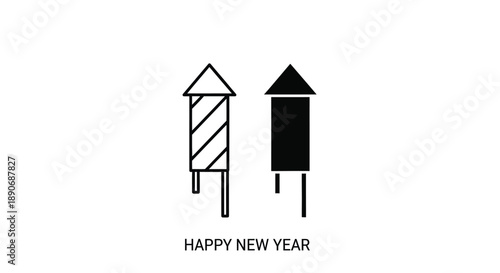 Minimalist graphic design of two firework rockets and 'HAPPY NEW YEAR' text on a white background with a simple, celebratory mood.