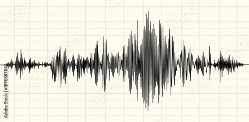 Earthquake seismograph wave. Detailed vector seismograph jagged line recording seismic activity, set on a calibrated grid. Earthquake detection, vibrations, and seismic measurement for education