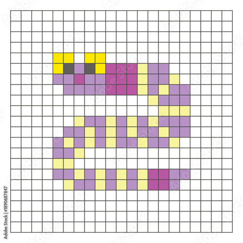 A flat pixel design made of geometric square color blocks on a clean grid layout. Pixel art worm
