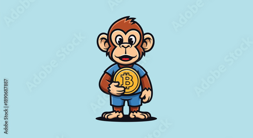 Cartoon monkey character holding a bitcoin coin on a light blue background with a playful mood.