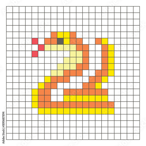 A flat pixel design made of geometric square color blocks on a clean grid layout. Pixel art cobra