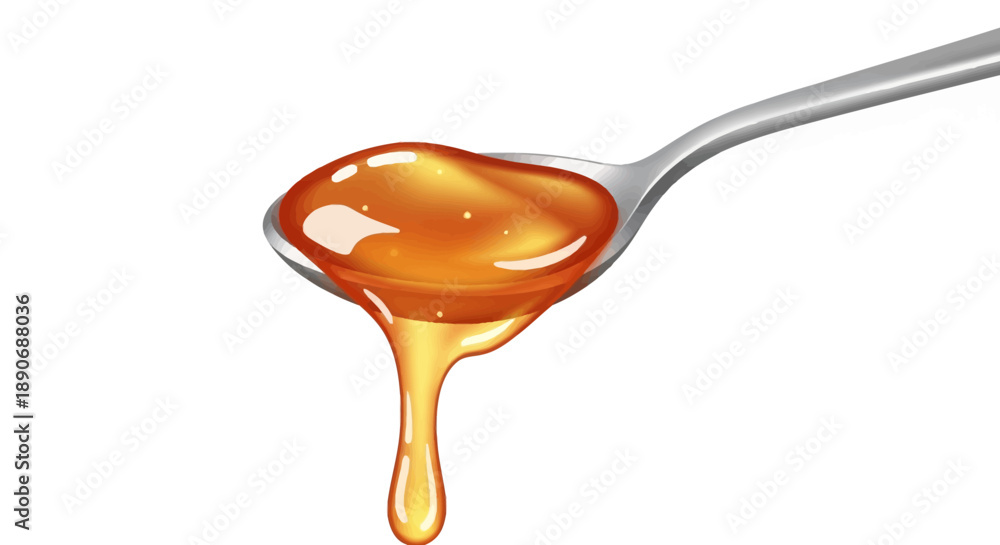 Fototapeta premium A spoon with a small amount of golden, sticky honey dripping from it, against a clean white background with a minimalist composition.