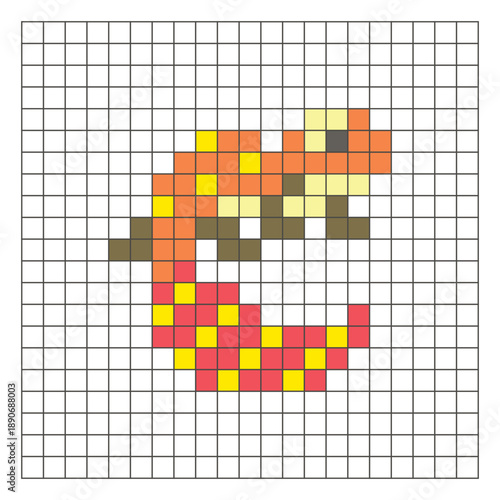 A flat pixel design made of geometric square color blocks on a clean grid layout. Pixel art gecko