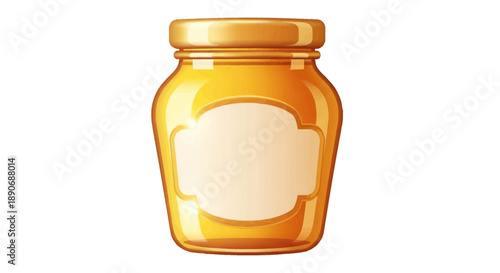 A simple illustration of a golden honey jar with a beige label on a plain white background, conveying a sense of natural sweetness.