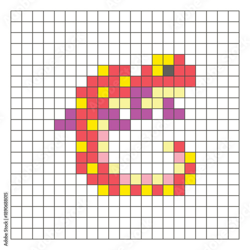 A flat pixel design made of geometric square color blocks on a clean grid layout. Pixel art gecko