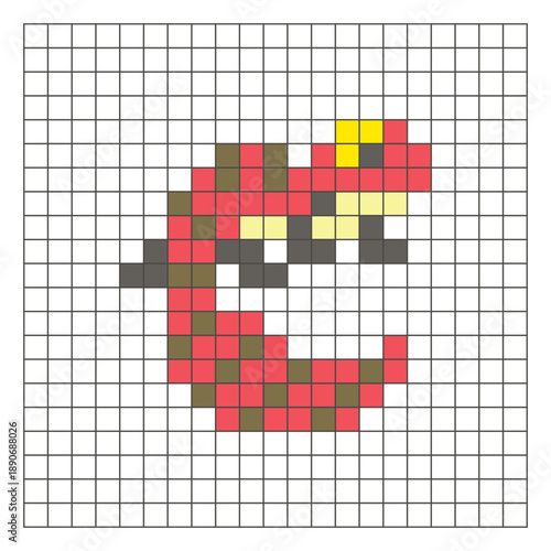 A flat pixel design made of geometric square color blocks on a clean grid layout. Pixel art gecko