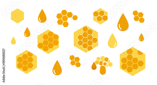A flat vector illustration of golden honey elements including honeycombs, dripping honey, and hexagons on a white background, conveying a natural and sweet theme.