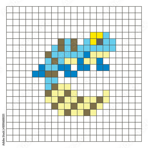 A flat pixel design made of geometric square color blocks on a clean grid layout. Pixel art gecko