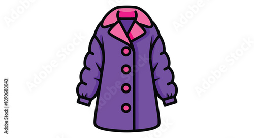 A cartoon-style illustration of a purple jacket with pink collar and buttons on a white background.
