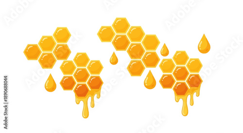 Golden honey drips from a hexagonal honeycomb pattern on a white background with a glossy, sticky texture and natural sweetness.