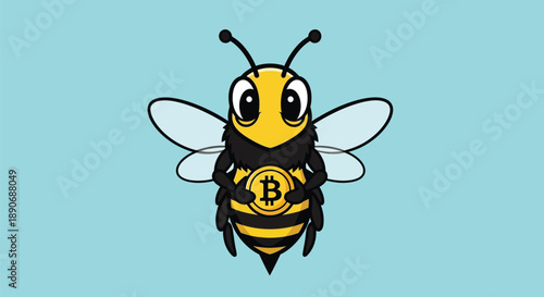 Cartoon bee character with bitcoin symbol on its body against a light blue background with a playful and digital mood.