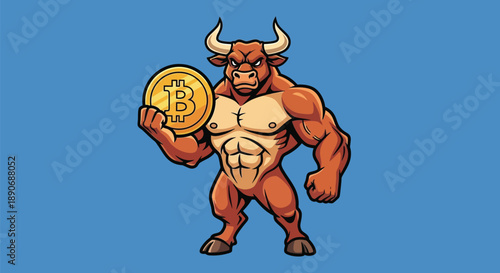 Muscular cartoon bull holding a large gold Bitcoin coin on a blue background with a powerful stance.
