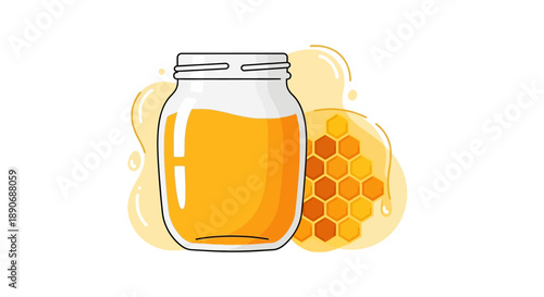 Illustration of a honey jar with golden honey and honeycomb on a clean white background, conveying natural sweetness.