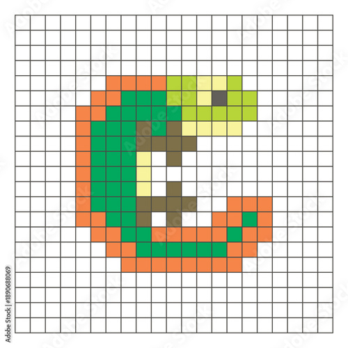 A flat pixel design made of geometric square color blocks on a clean grid layout. Pixel art salamander