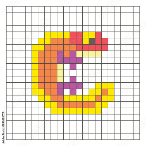 A flat pixel design made of geometric square color blocks on a clean grid layout. Pixel art salamander