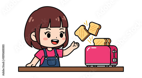 Cartoon girl with brown hair and pink shirt enthusiastically reaching for toast popping out of a bright pink toaster on a brown table against a plain white background.