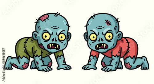 Two cartoon baby zombies crawling on all fours with torn clothing and visible wounds on a plain white background.