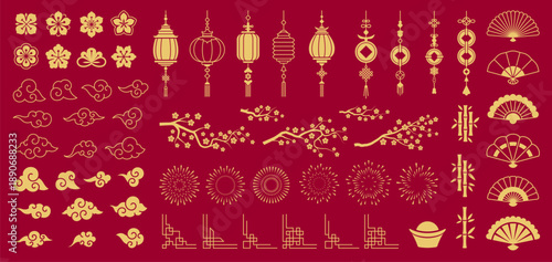 Asian oriental design elements of Chinese, Japanese, and Korean flower ornaments, vector icons. Bamboo, wave clouds and paper lantern, traditional knots or fireworks, sakura and fan Chinese elements