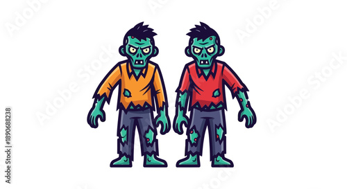 Two cartoon zombies standing side by side with green skin and torn clothing on a white background.
