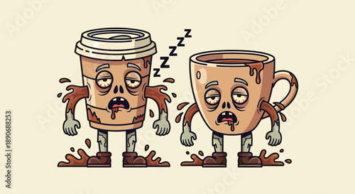 Cartoon illustration of two anthropomorphic coffee cups with sad expressions and spilling coffee against a pale background.