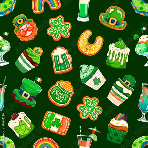 Saint Patrick day seamless pattern with green cupcakes, shamrock cookies, rainbow sweet, tasty horseshoes. Cartoon vector tile pattern filled with festive leprechaun hats, pots of gold or Irish flags