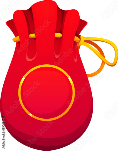 Chinese fortune pouch. Red lucky money bag with decorative golden circle and cord, representing wealth and prosperity in Asian CNY culture. Festive cartoon vector gift for Lunar New Year celebration
