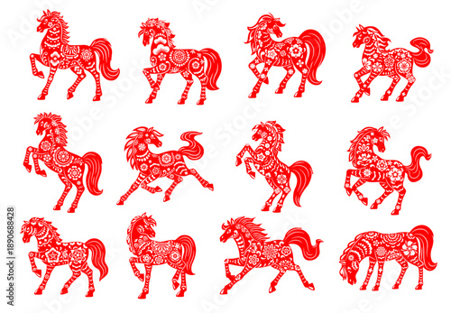 Papercut Chinese lunar New Year horses in Asian paper cut decoration art, vector zodiac astrology animals. Chinese New Year of horse holiday icons of horses in decorative flower paper cut ornaments
