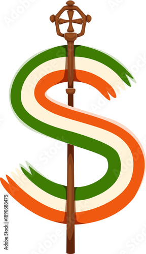 St Patricks day font irish scarf and scepter punctuation dollar sign. Spring holiday typeface vector element, March celebration typeset special symbol or font sign with Saint Patricks wooden staff