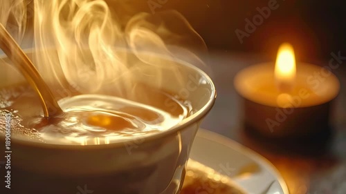 Cozy cafe in winter with hot soup steam rising from warm bowl and spoon beside candle flame light creating peaceful quiet atmosphere for calm reading gentle comfort relaxation time enjoyment