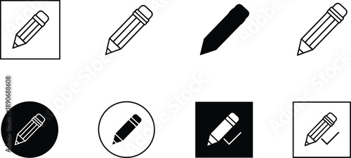 Set of pencil icons for editing writing drawing and creative design symbols in various styles isolated on white