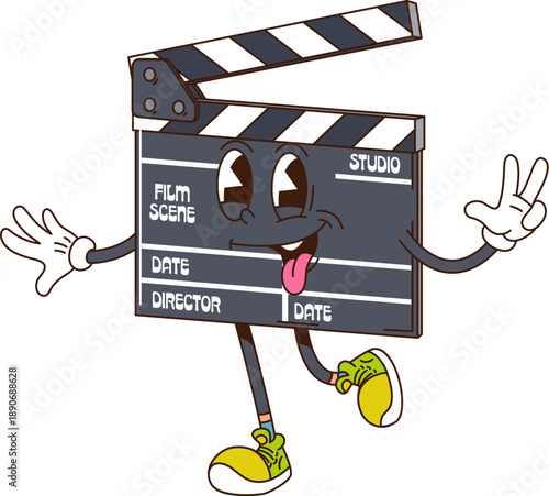 Groovy movie clapperboard funky character of retro cinema entertainment, cartoon vector. Clapper board with happy face and camera action expression as groovy funny cinema clapperboard character