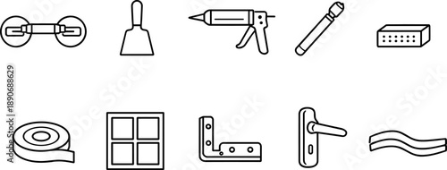 Collection of construction and renovation tools and materials in a simple line art style