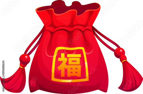 Chinese red lucky money bag decorated with the Chinese hieroglyph meaning good fortune and prosperity. Lunar New Year festive fortune pouch with tassels, vector symbol of wealth and happiness in Asia