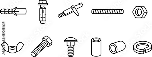 Collection of various fasteners and hardware components in a clean line art style