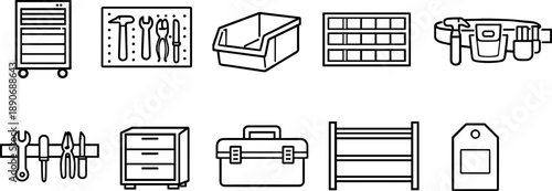 Collection of line art icons representing various tools and storage solutions for a workshop