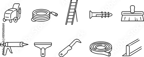 Collection of construction and DIY tools and materials, line art icons