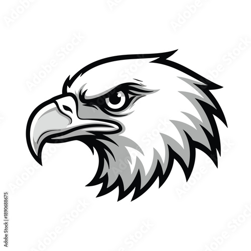 Vector illustration of a detailed eagle head in a monochromatic color scheme with bold lines, set against a clean white background.