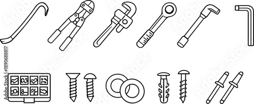 Collection of hand tools and fasteners in a simple line art style